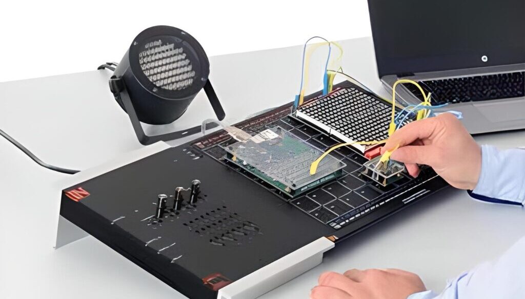 Strumenti di formazione professionale sempre più sofisticati vengono elaborati oggigiorno. Uno di questi, mostrato nella foto, è UniTrain, laboratorio portatile, in un unico dispositivo, della Lucas Nulle.