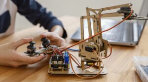 Di questi tempi, dove nuove tecnologie entrano in modo sempre più invadente nel mondo del lavoro, si rende necessaria una formazione professionale al passo coi tempi. Nella foto, un bambino che cerca di realizzare il modello di un robot.