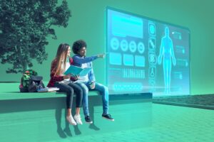Il divario fra formazione professionale e intelligenza artificiale è sempre più grande. Come adattare la formazione professionali all'invasione delle AI in ogni settore professionale? Nella foto, due studenti che utilizzano uno schermo interattivo per l'apprendimento.