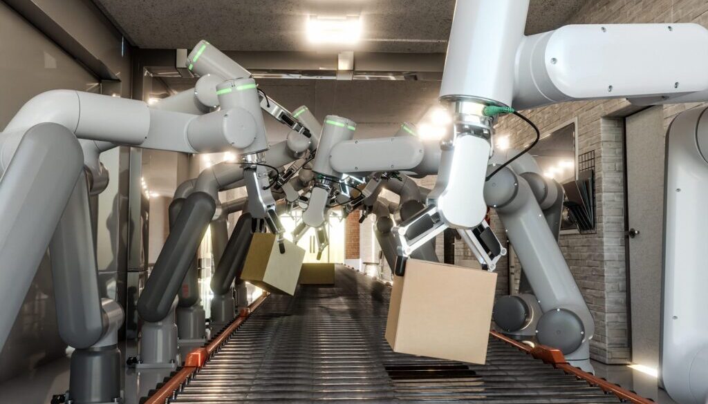 Le isole robotizzate con cobot sono l'ultima frontiera dell'automazione dei processi industraili. Nella foto, delle isole di lavoro con bracci robotici che lavorano.
