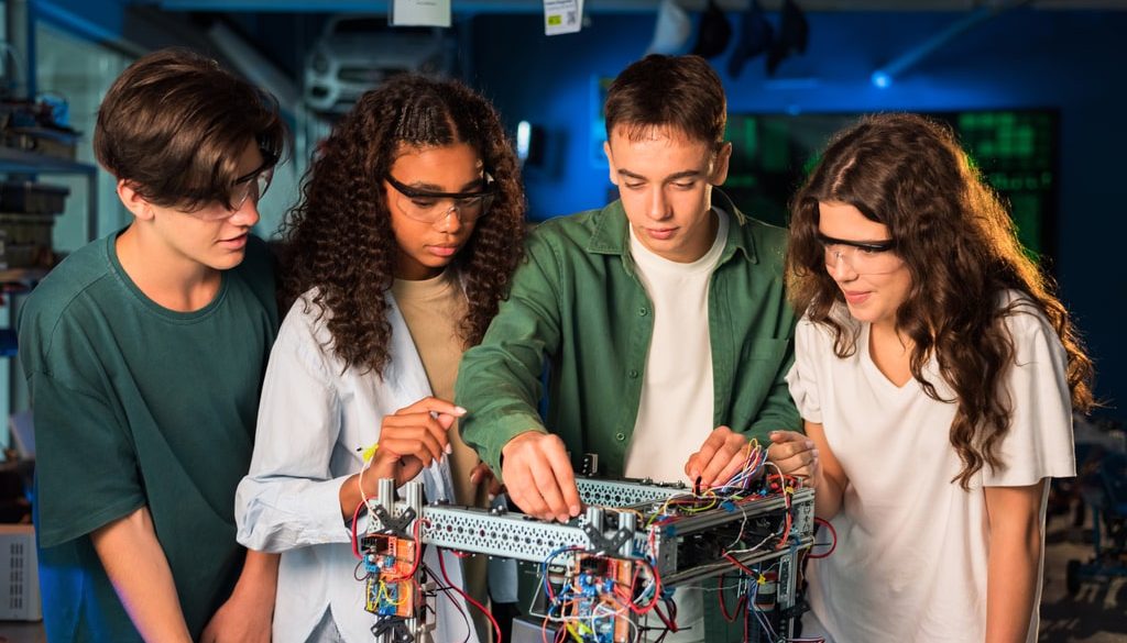 I fondi FESR-POC sono pensati per promuovere la didattica laboratoriale nelle scuole. Nella foto, dei ragazzi impegnati in un laboratorio stem di robotica.