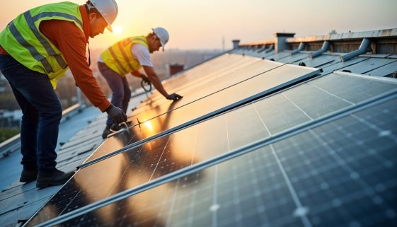 Come formare un installatore di pannelli fotovoltaici? Si tratta di una professione che richiede conoscenze scientifiche, ma anche manuali. Nella foto diversi installatori di pannelli fotovoltaici.