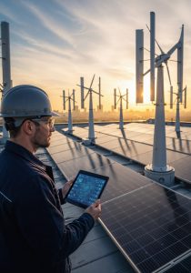 Un installatore di pannelli fotovoltaici deve essere un esperto anche di regole e normative comunitarie relative alle rinnovabili. Nella foto un installatore che ispeziona i pannelli.