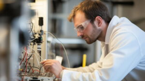 Ingegneria elettrica e ingegneria elettronica sono due discipline distinte. Mentre la prima si occupa della distribuzione, l'erogazione e la gestione dell'energia elettrica, la seconda è dedicata allo sviluppo di circuiti elettronici. Nella foto, un ingegnere elettrico al lavoro in laboratorio.