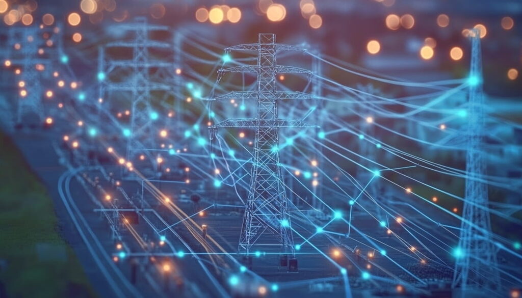 Le smart grid sono reti elettriche intelligenti progettate per distribuire energia riducendo gli sprechi Nella foto, la rappresentazione i AI del funzionamento di queste reti.
